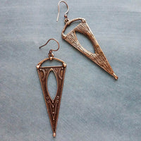 Copper Triangle Earrings, ornate dark antique copper, art deco oxidized copper, copper boho long earrings, large narrow dangle, teen gift