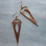 Copper Triangle Earrings, ornate dark antique copper, art deco oxidized copper, copper boho long earrings, large narrow dangle, teen gift