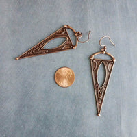 Copper Triangle Earrings, ornate dark antique copper, art deco oxidized copper, copper boho long earrings, large narrow dangle, teen gift