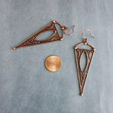 Copper Triangle Earrings, ornate dark antique copper, art deco oxidized copper, copper boho long earrings, large narrow dangle, teen gift