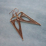 Copper Triangle Earrings, ornate dark antique copper, art deco oxidized copper, copper boho long earrings, large narrow dangle, teen gift