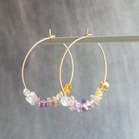 Thin Gold Hoops, gemstone earring, citrine amethyst hoops, February birthstone gift, purple stone earrings, amethyst earrings, small stones
