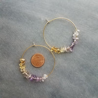 Thin Gold Hoops, gemstone earring, citrine amethyst hoops, February birthstone gift, purple stone earrings, amethyst earrings, small stones