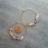 Thin Gold Hoops, gemstone earring, citrine amethyst hoops, February birthstone gift, purple stone earrings, amethyst earrings, small stones