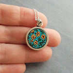 Orange Flower Necklace, teal blue pendant, floral pendant, pewter pendant, thin silver chain, thick round pendant necklace, mother mom gift