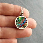Colorful Mandala Necklace, Buddhist pendant, pewter pendant, thin silver chain, thick round rainbow pendant, Hindu gift, symbollic spiritual