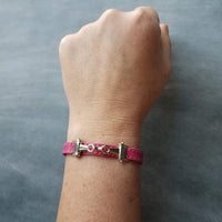 Horse Snaffle Bit Bracelet, stitched genuine leather flat strap, small antique silver snaffle charm, buckle bracelet, red hot pink lilac purple adjustable
