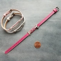 Horse Snaffle Bit Bracelet, stitched genuine leather flat strap, small antique silver snaffle charm, buckle bracelet, red hot pink lilac purple adjustable