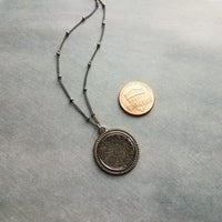 Gunmetal Filigree Necklace, medallion pendant, cut out pendant, beaded chain, gunmetal satellite chain, round lacy, silver black necklace