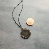 Gunmetal Filigree Necklace, medallion pendant, cut out pendant, beaded chain, gunmetal satellite chain, round lacy, silver black necklace