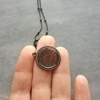 Gunmetal Filigree Necklace, medallion pendant, cut out pendant, beaded chain, gunmetal satellite chain, round lacy, silver black necklace