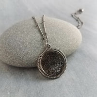 Gunmetal Filigree Necklace, medallion pendant, cut out pendant, beaded chain, gunmetal satellite chain, round lacy, silver black necklace