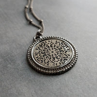 Gunmetal Filigree Necklace, medallion pendant, cut out pendant, beaded chain, gunmetal satellite chain, round lacy, silver black necklace