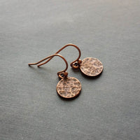 Copper Tag Earrings, small hammered circle, antique copper round coin disc, little simple hook, textured lightweight minimalist dangle