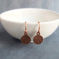 Copper Tag Earrings, small hammered circle, antique copper round coin disc, little simple hook, textured lightweight minimalist dangle