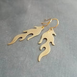 Gold Flame Earrings, fire earrings, small flame dangle earring, fiery hot earrings, brass flame, 14K solid gold hook opt, lightweight