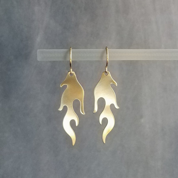 Gold Flame Earrings, fire earrings, small flame dangle earring, fiery hot earrings, brass flame, 14K solid gold hook opt, lightweight