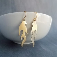 Gold Flame Earrings, fire earrings, small flame dangle earring, fiery hot earrings, brass flame, 14K solid gold hook opt, lightweight