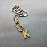 Gold Silver Chunky Chain, front oval screw clasp, letter charm, thick stainless steel necklace, Miami curb chain, gold initial pendant