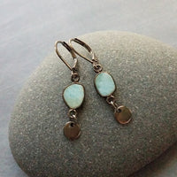 Gunmetal Earrings, larimar earrings, pale blue gemstone, mottled blue stone earring light blue sky blue baby blue, lever back dangle disk