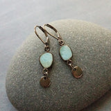 Gunmetal Earrings, larimar earrings, pale blue gemstone, mottled blue stone earring light blue sky blue baby blue, lever back dangle disk