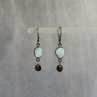 Gunmetal Earrings, larimar earrings, pale blue gemstone, mottled blue stone earring light blue sky blue baby blue, lever back dangle disk