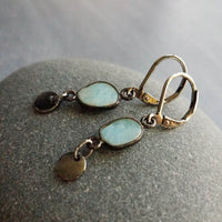 Gunmetal Earrings, larimar earrings, pale blue gemstone, mottled blue stone earring light blue sky blue baby blue, lever back dangle disk