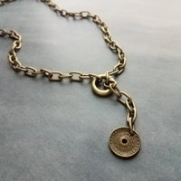 Antique Bronze Chunky Chain Necklace, replica coin charm pendant, brass link necklace, thick lightweight chain, big round front clasp clip