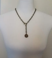 Antique Bronze Chunky Chain Necklace, replica coin charm pendant, brass link necklace, thick lightweight chain, big round front clasp clip
