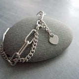 Silver Curb Paperclip Chain Bracelet, chunky stainless steel chain, double chain bracelet, stainless jewelry, thick bracelet, heart tag