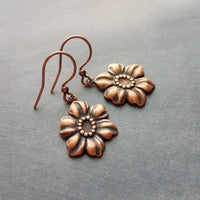 Copper Tropical Flower Earrings, flower dangles, antique copper flowers, copper flower charms, clearance sale jewelry, wife girl small gift