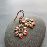 Copper Tropical Flower Earrings, flower dangles, antique copper flowers, copper flower charms, clearance sale jewelry, wife girl small gift
