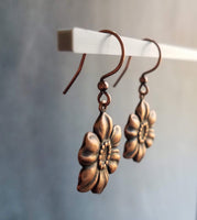Copper Tropical Flower Earrings, flower dangles, antique copper flowers, copper flower charms, clearance sale jewelry, wife girl small gift