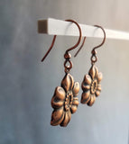 Copper Tropical Flower Earrings, flower dangles, antique copper flowers, copper flower charms, clearance sale jewelry, wife girl small gift