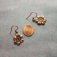 Copper Tropical Flower Earrings, flower dangles, antique copper flowers, copper flower charms, clearance sale jewelry, wife girl small gift