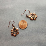 Copper Tropical Flower Earrings, flower dangles, antique copper flowers, copper flower charms, clearance sale jewelry, wife girl small gift