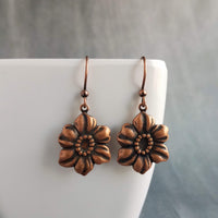 Copper Tropical Flower Earrings, flower dangles, antique copper flowers, copper flower charms, clearance sale jewelry, wife girl small gift