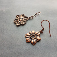 Copper Tropical Flower Earrings, flower dangles, antique copper flowers, copper flower charms, clearance sale jewelry, wife girl small gift