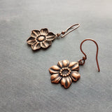 Copper Tropical Flower Earrings, flower dangles, antique copper flowers, copper flower charms, clearance sale jewelry, wife girl small gift