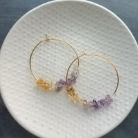 Thin Gold Hoops, gemstone earring, citrine amethyst hoops, February birthstone gift, purple stone earrings, amethyst earrings, small stones