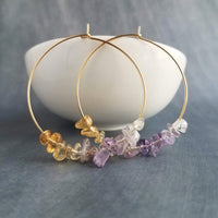 Thin Gold Hoops, gemstone earring, citrine amethyst hoops, February birthstone gift, purple stone earrings, amethyst earrings, small stones