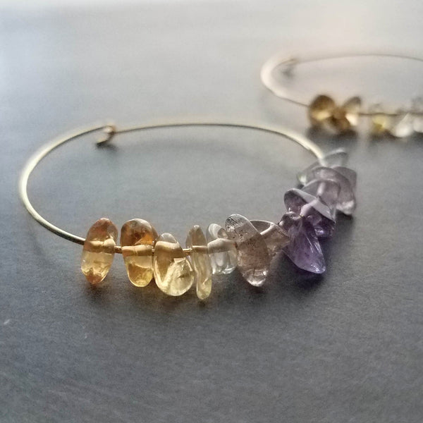 Thin Gold Hoops, gemstone earring, citrine amethyst hoops, February birthstone gift, purple stone earrings, amethyst earrings, small stones
