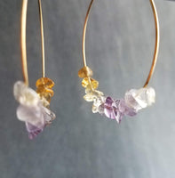 Thin Gold Hoops, gemstone earring, citrine amethyst hoops, February birthstone gift, purple stone earrings, amethyst earrings, small stones