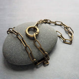 Antique Brass Thick Chain, replica coin horse pendant charm, antique bronze chunky link necklace, big round front clasp, birthday girl gift