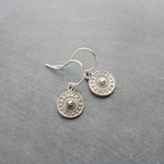 Tiny Silver Medallion Earrings, small round dangle earring, antique silver earring, silver tribal earring, .925 sterling silver hook option