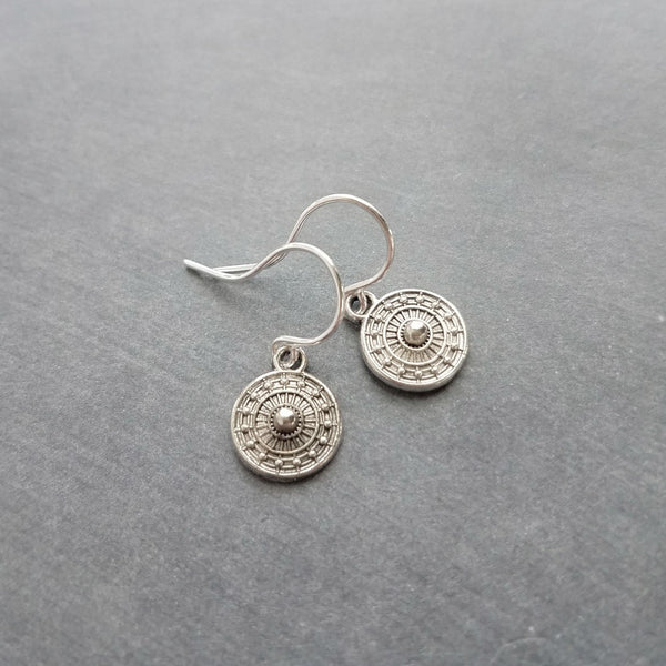 Tiny Silver Medallion Earrings, small round dangle earring, antique silver earring, silver tribal earring, .925 sterling silver hook option