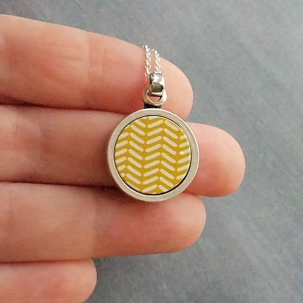 Mustard Yellow Necklace, yellow pendant, pewter harvest gold pendant, thin silver chain, round pendant necklace, white chevron zig zag lines