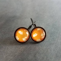 Bunny Earrings, leaping rabbit earring, Easter jewelry, round print under glass on black lever back hooks, snap close leverback, runaway