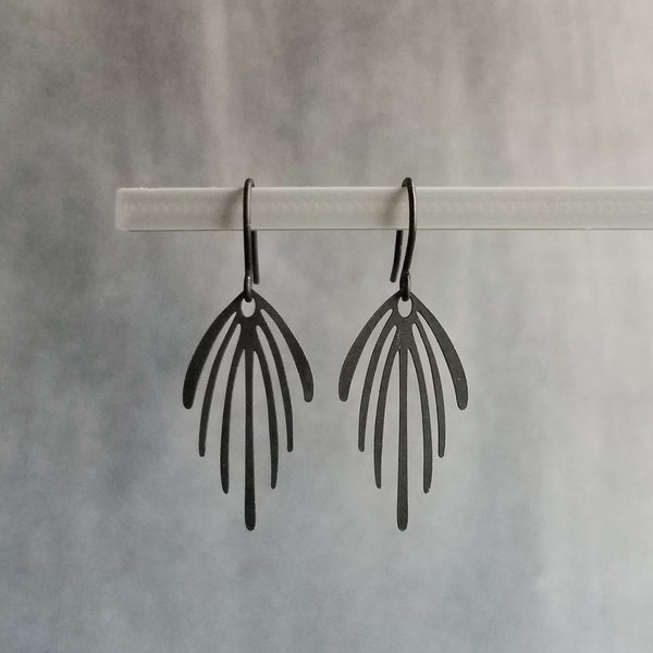 Matte Black Earrings, palm leaf earrings, long drip earrings, black dangle earrings, rubberized earring, all black earring, matt black hooks