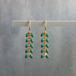 Teal V Shape Earrings, teal gold arrow inverted dangles, chevron shapes, small blue green herringbone earring, small long flexible fishbone